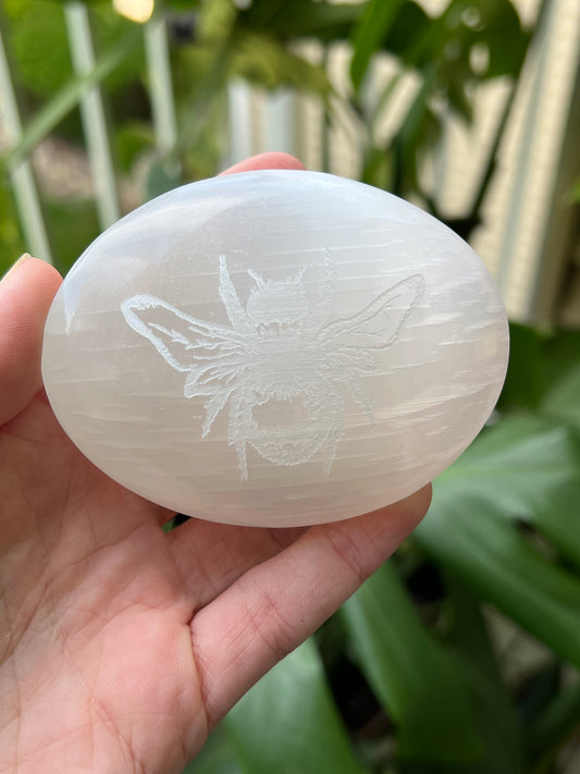 Selenite Palm Stone | Honey Bee