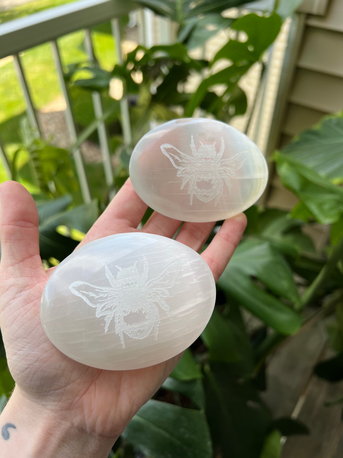 Selenite Palm Stone | Honey Bee